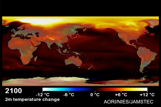 fig. このまま二酸化炭素が増加しつづけることを仮定した場合の、2100年頃の気温の予測結果