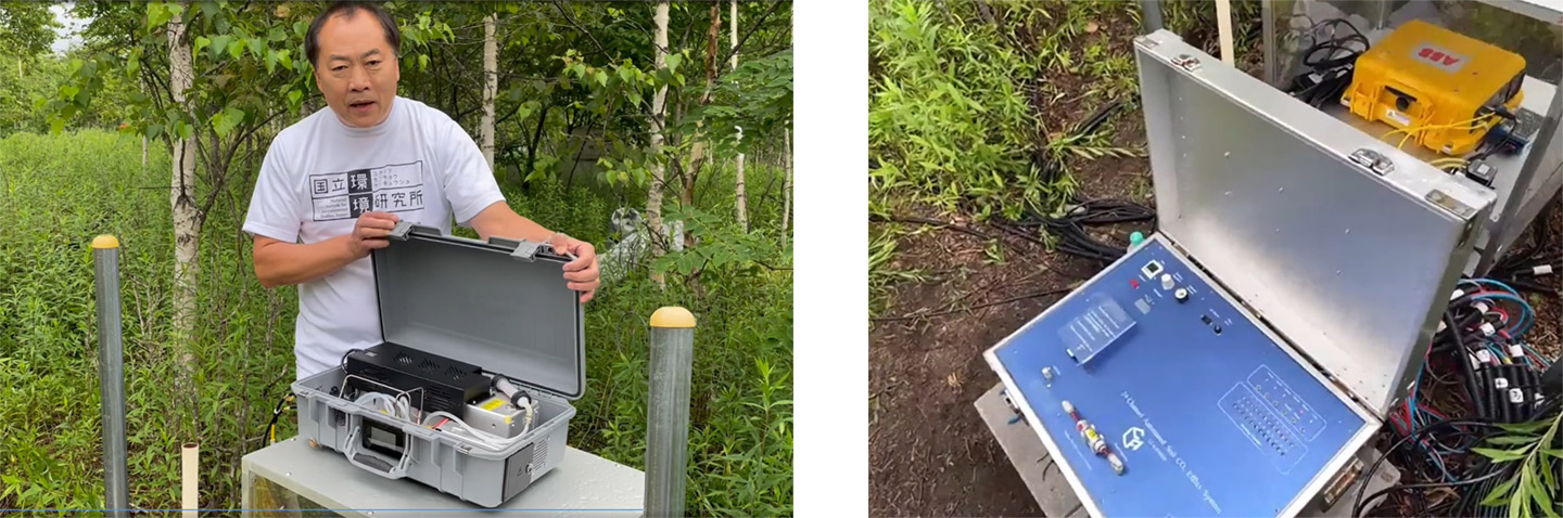 写真12　最新の技術を応用したレーザー分光型のメタン分析計（左）を観測機器（右）に増設し、土壌のメタン吸収速度を自動連続測定しています。