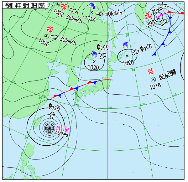 図1　2022年9月3日の天気図（気象庁ホームページより：https://www.data.jma.go.jp/fcd/yoho/wxchart/quickdaily.html?show=20220903）。台風の目の少し左上あたりが波照間島。
