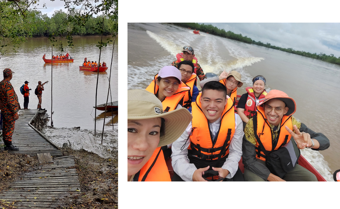 写真2　Batang Luoar Riverを渡る。グループに分かれてボートで移動。