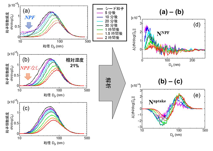 図の説明：既存粒子（シード粒子）存在下でのイソプレンのオゾン酸化反応による新粒子の個数濃度（NNPF）と酸化生成物の凝縮によって成長する既存粒子の個数濃度（Nuptake）の導出の一例を示す。(a) ドライ条件で実験を行ったときの粒径分布の時間変化。シード粒子よりも小さい粒径の粒子が生成しており、これが新粒子である。(b) 相対湿度21％の加湿条件での結果。新粒子生成は起こっていないことがわかる。(c) (b)のシード粒子がテフロンバッグ表面でのロスのために減少していく分を計算で予測したもの。(d) 各時間のデータで、(a)から(b)を引いたもの。プラス側に表れている分の面積が新粒子の個数濃度（NNPF）に相当する。(e) 各時間のデータで、(b)から(c)を引いたもの。負の部分の面積と正の部分の面積が原理的には同じで、これが成長する粒子の個数濃度（N uptake）に相当する。